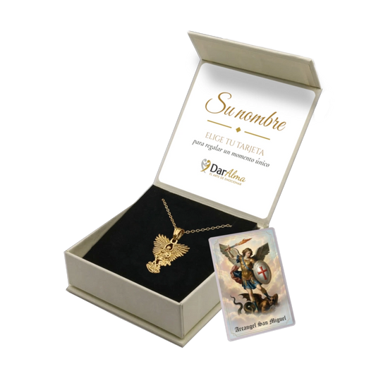 Colgante Arcángel San Miguel de Acero · Tarjeta con Oración