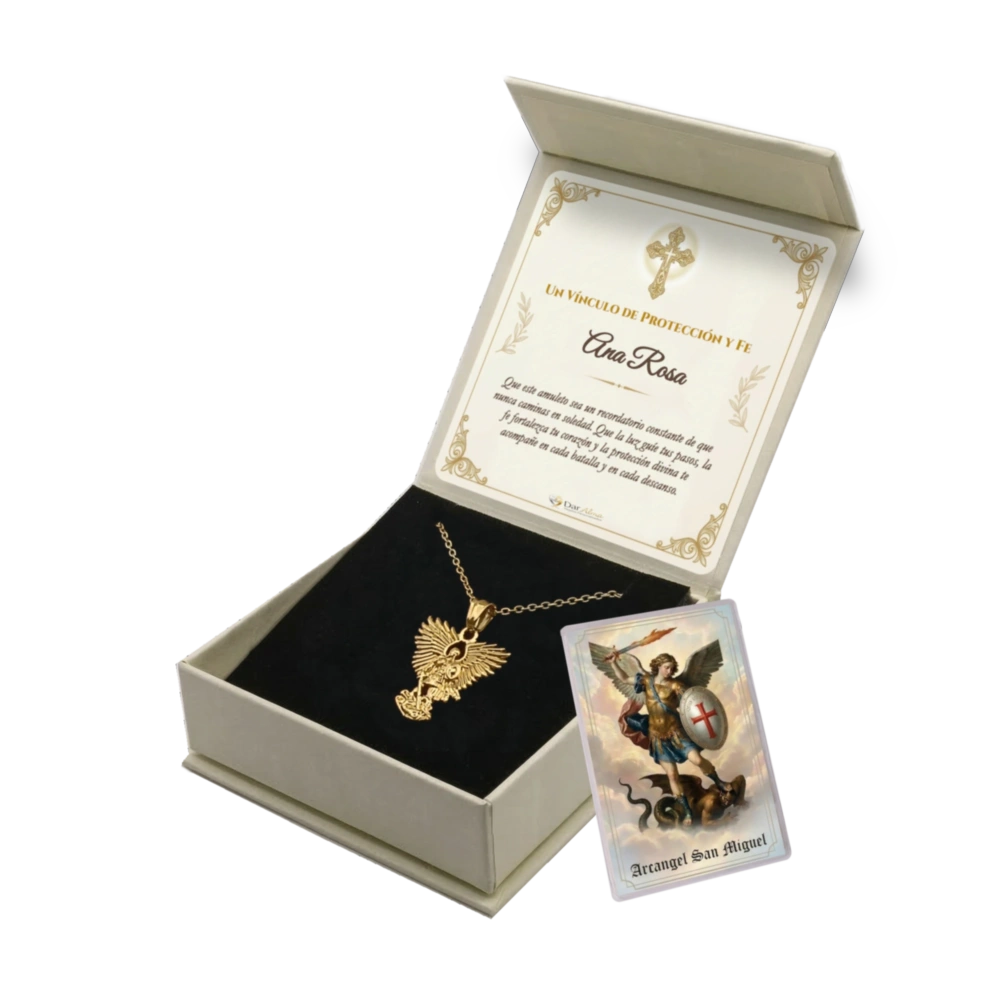Colgante Arcángel San Miguel de Acero · Tarjeta con Oración