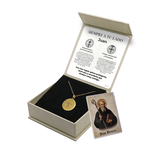 Colgante San Benito en Inox. Ed. "Siempre a tu Lado" + Tarjeta con Oración