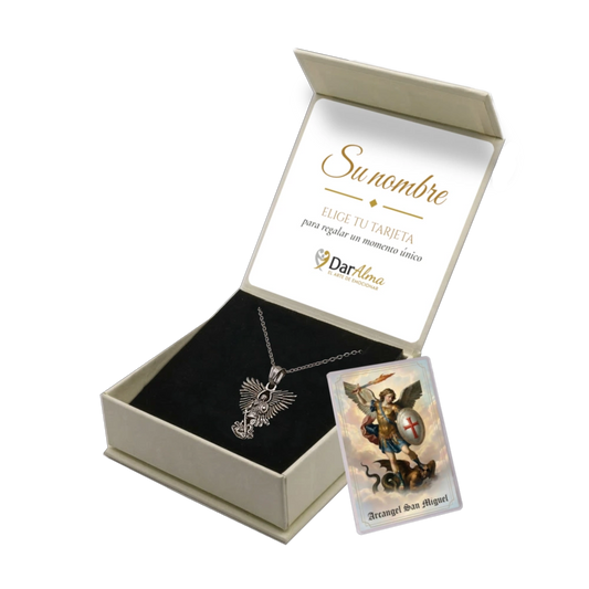 Colgante Arcángel San Miguel de Acero · Tarjeta con Oración