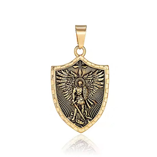 Colgante Escudo San Miguel Arcángel de Acero · Tarjeta con Oración