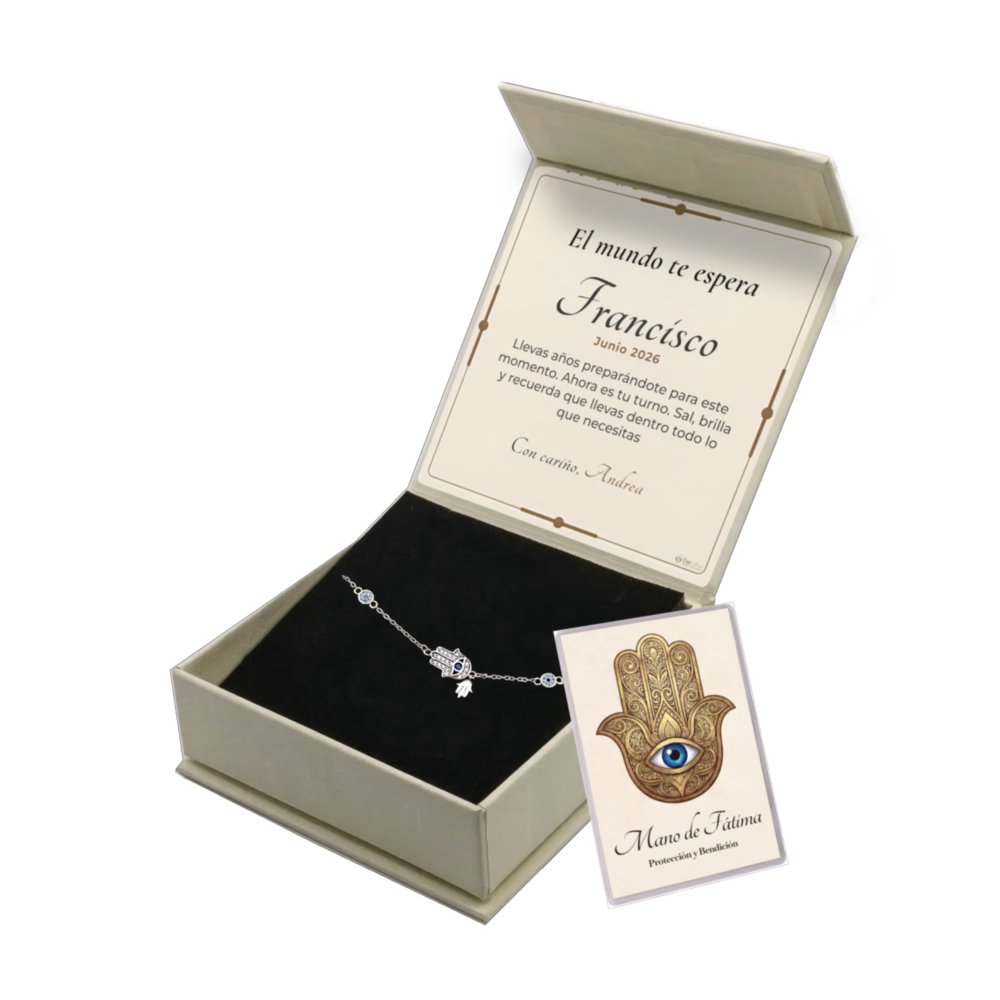 Pulsera Plata de Ley 925 · Protectora con Mano de Fatima · Tarjeta con oración