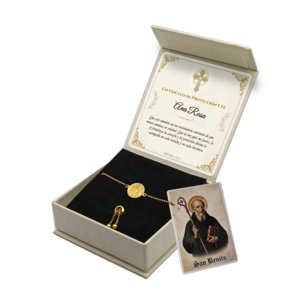 Pulsera San Benito de Acero · Tarjeta con Oración