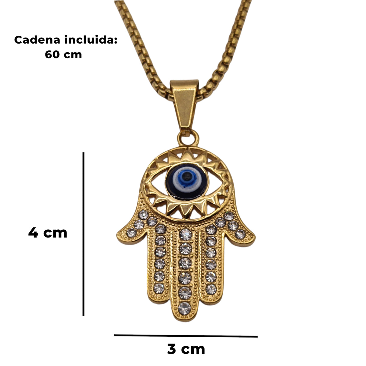 Colgante Mano de Fátima con Ojo Turco Dorado · Tarjeta con Oración