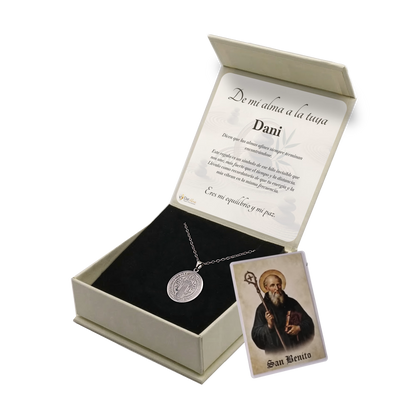 Colgante San Benito en Inox. Ed. "Equilibrio" + Tarjeta con Oración