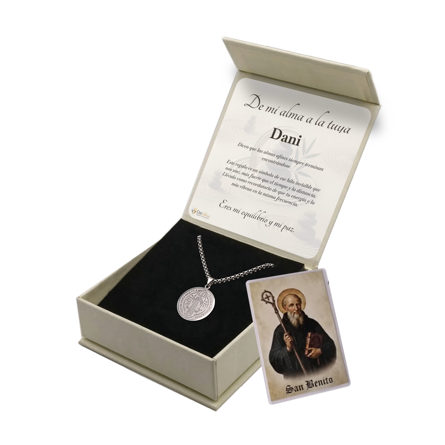 Colgante San Benito en Inox. Ed. "Equilibrio" + Tarjeta con Oración