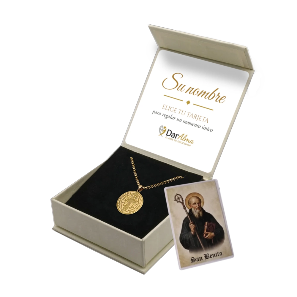 Medalla de San Benito con tarjeta personalizada y de oracion en estuche DarAlma