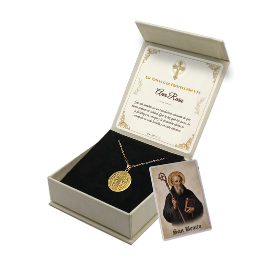 Colgante San Benito en Inox. Ed. "Protección y Fe" + Tarjeta con Oración