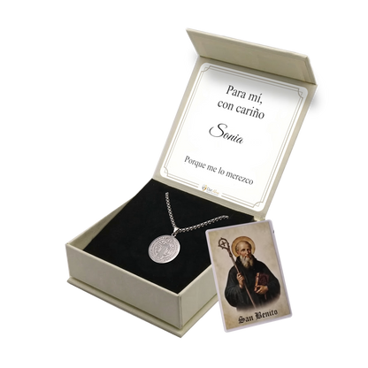 Colgante San Benito en Inox. Ed. "Para mí" + Tarjeta con Oración