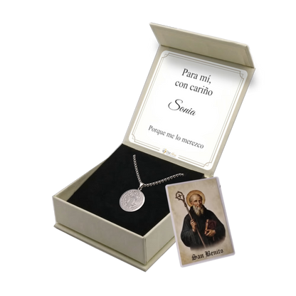 Ejemplo de tarjeta con oración personalizada del colgante San Benito