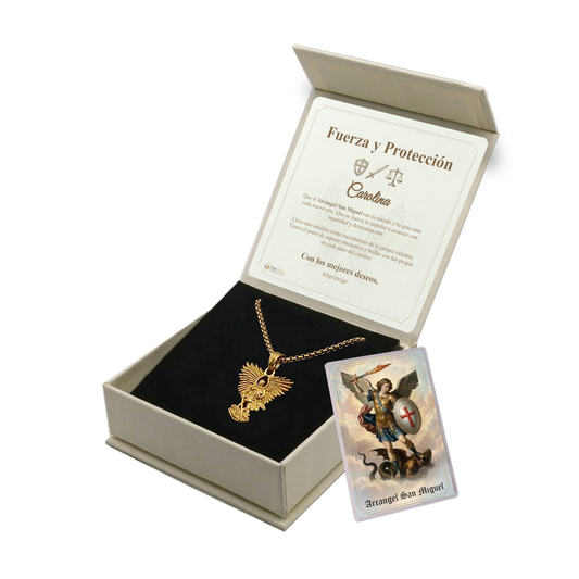 Colgante Arcangel San Miguel en Inox. Ed. "San Miguel" + Tarjeta con Oración
