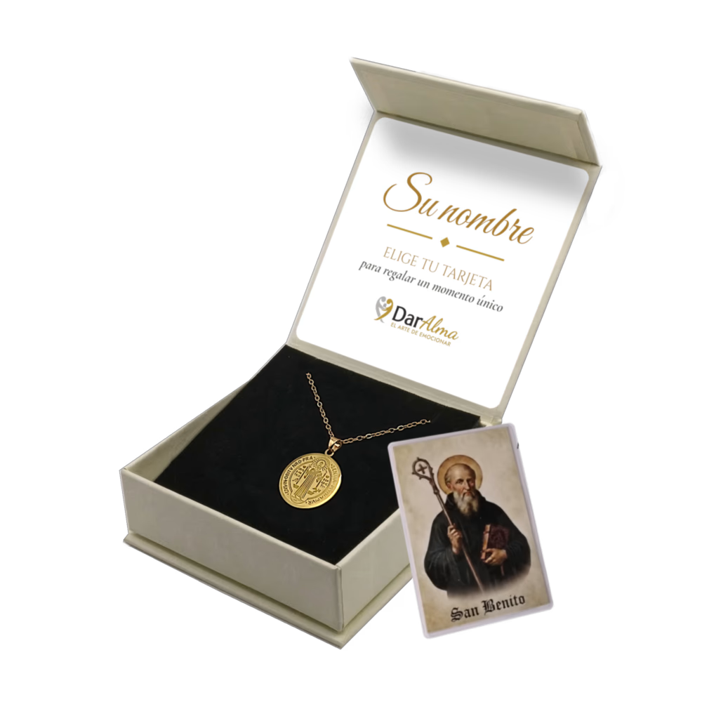 Colgante San Benito de Acero · Tarjeta con Oración