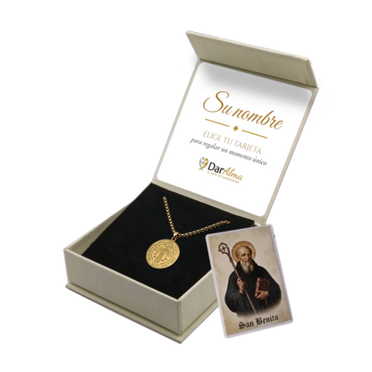 Colgante San Benito de Acero · Tarjeta con Oración