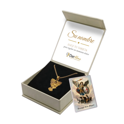 Colgante Arcángel San Miguel de Acero · Tarjeta con Oración
