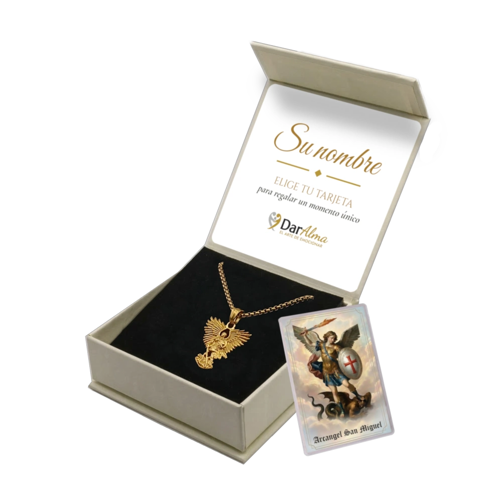 Colgante Arcángel San Miguel de Acero · Tarjeta con Oración