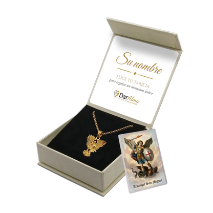 Colgante Arcángel San Miguel de Acero · Tarjeta con Oración