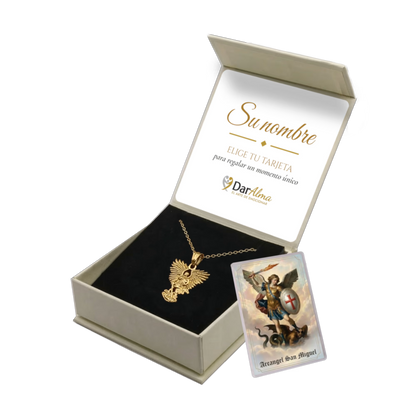 Colgante Arcángel San Miguel de Acero · Tarjeta con Oración