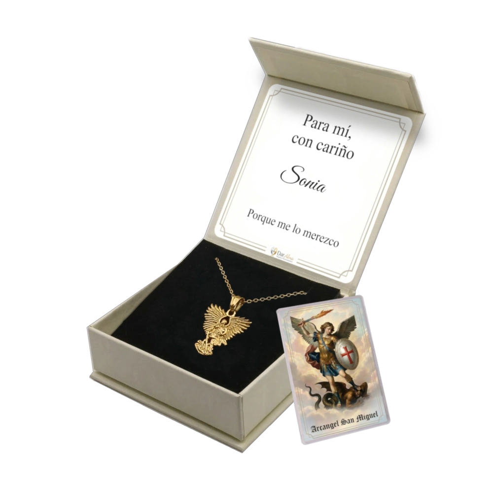 Colgante Arcángel San Miguel de Acero · Tarjeta con Oración