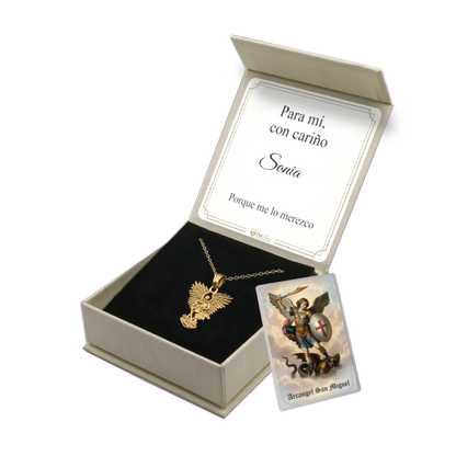 Colgante Arcángel San Miguel de Acero · Tarjeta con Oración