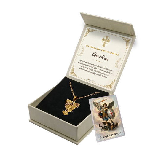 Colgante Arcangel San Miguel en Inox. Ed. "Protección y Fe" + Tarjeta con Oración