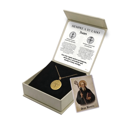 Colgante San Benito en Inox. Ed. "Siempre a tu Lado" + Tarjeta con Oración