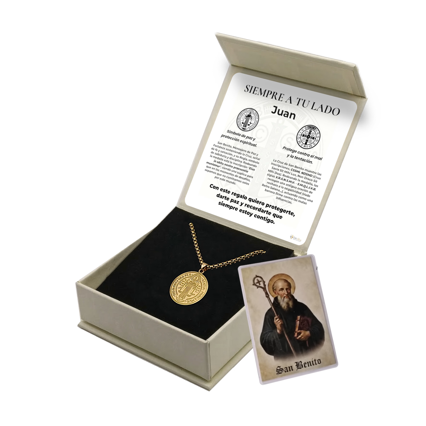 Colgante San Benito en Inox. Ed. "Siempre a tu Lado" + Tarjeta con Oración