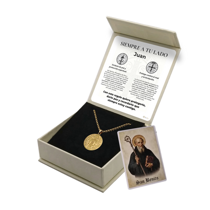 Colgante San Benito en Inox. Ed. "Siempre a tu Lado" + Tarjeta con Oración