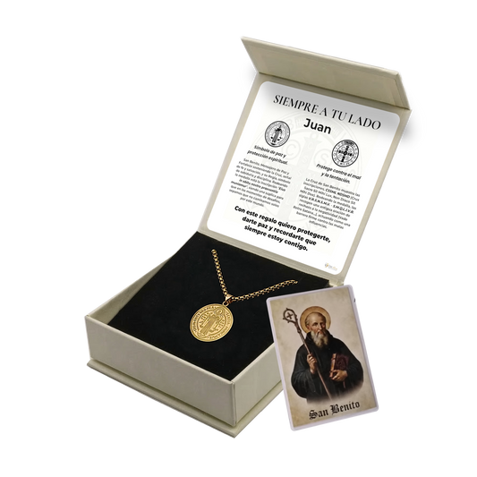 Colgante San Benito en Inox. Ed. "Siempre a tu Lado" + Tarjeta con Oración