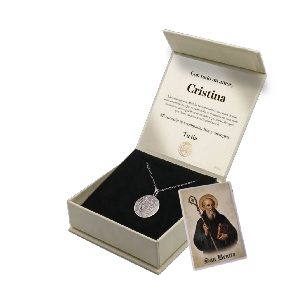 Colgante San Benito en Inox. Ed. "Compañia" + Tarjeta con Oración