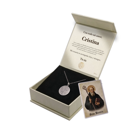 Colgante San Benito en Inox. Ed. "Compañia" + Tarjeta con Oración