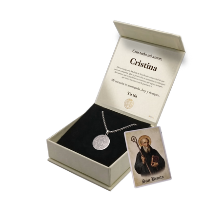 Colgante San Benito en Inox. Ed. "Compañia" + Tarjeta con Oración