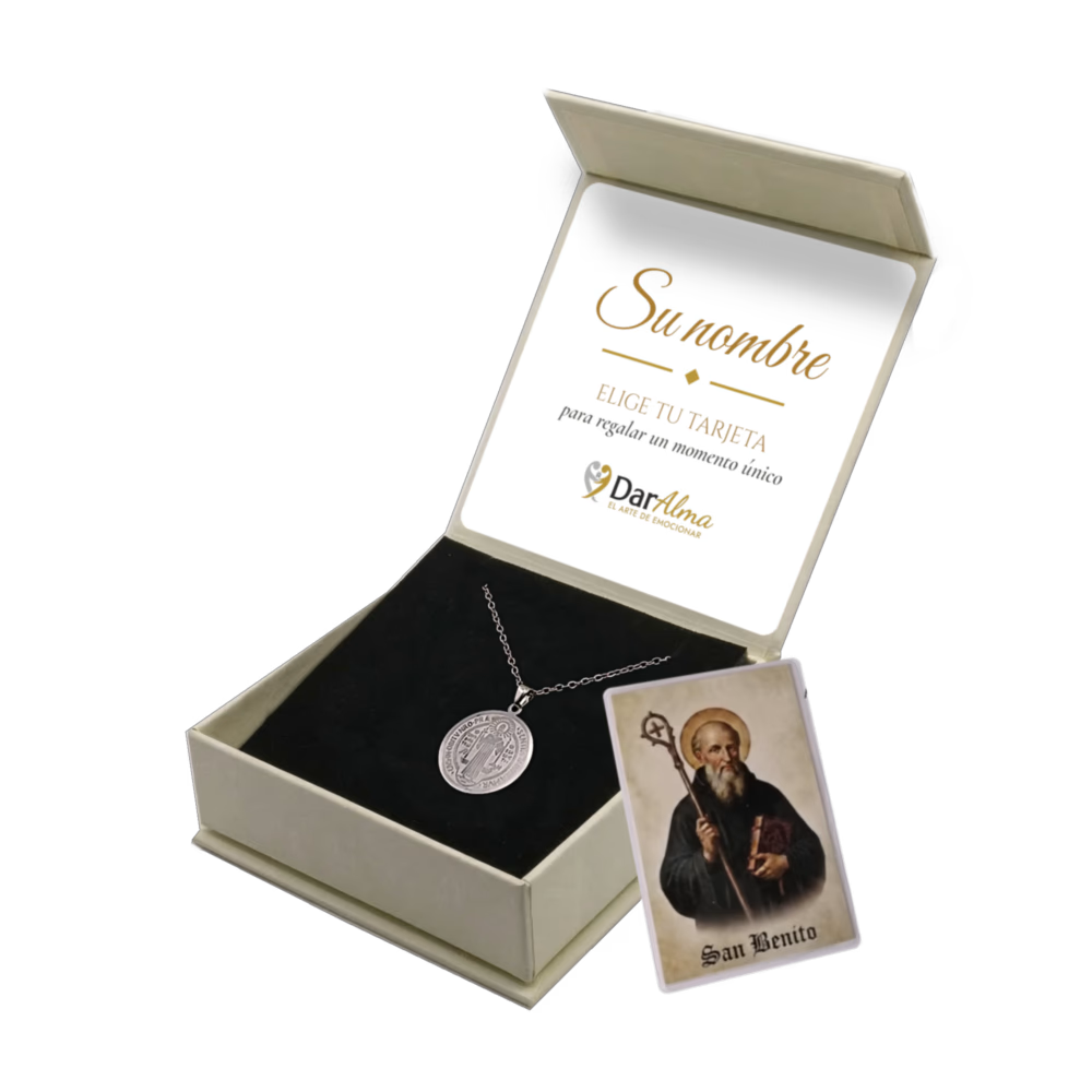 Colgante San Benito de Acero · Tarjeta con Oración