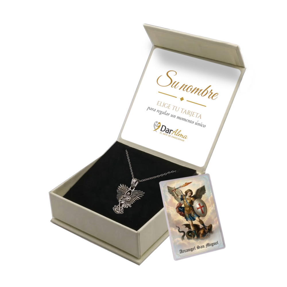 Colgante Arcángel San Miguel de Acero · Tarjeta con Oración