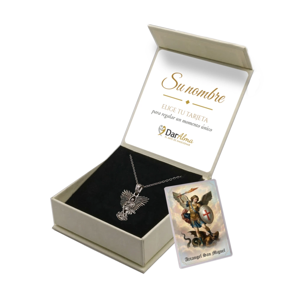 Colgante Arcángel San Miguel de Acero · Tarjeta con Oración
