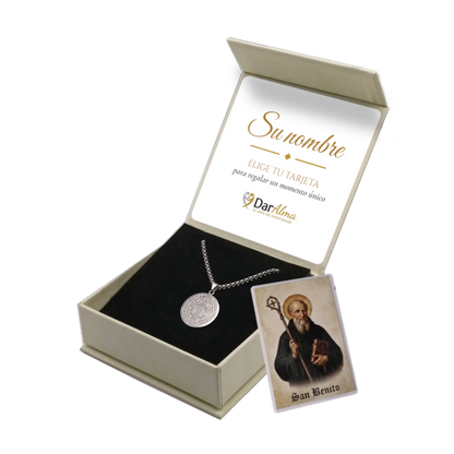 Colgante San Benito de Acero · Tarjeta con Oración