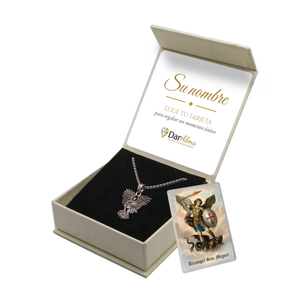 Colgante Arcángel San Miguel de Acero · Tarjeta con Oración