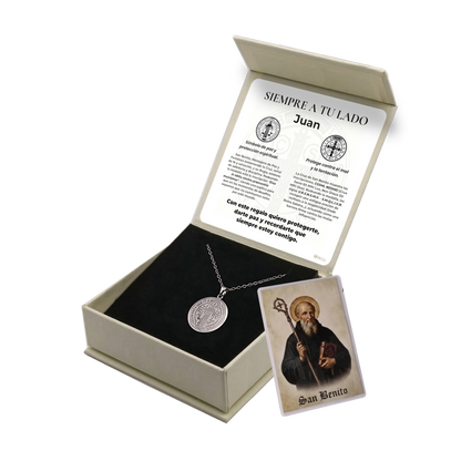 Colgante San Benito en Inox. Ed. "Siempre a tu Lado" + Tarjeta con Oración