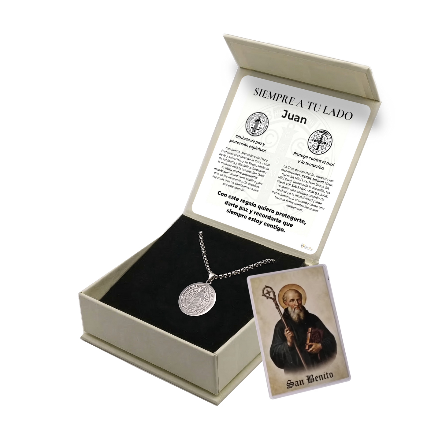 Colgante San Benito en Inox. Ed. "Siempre a tu Lado" + Tarjeta con Oración
