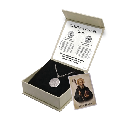 Colgante San Benito en Inox. Ed. "Siempre a tu Lado" + Tarjeta con Oración