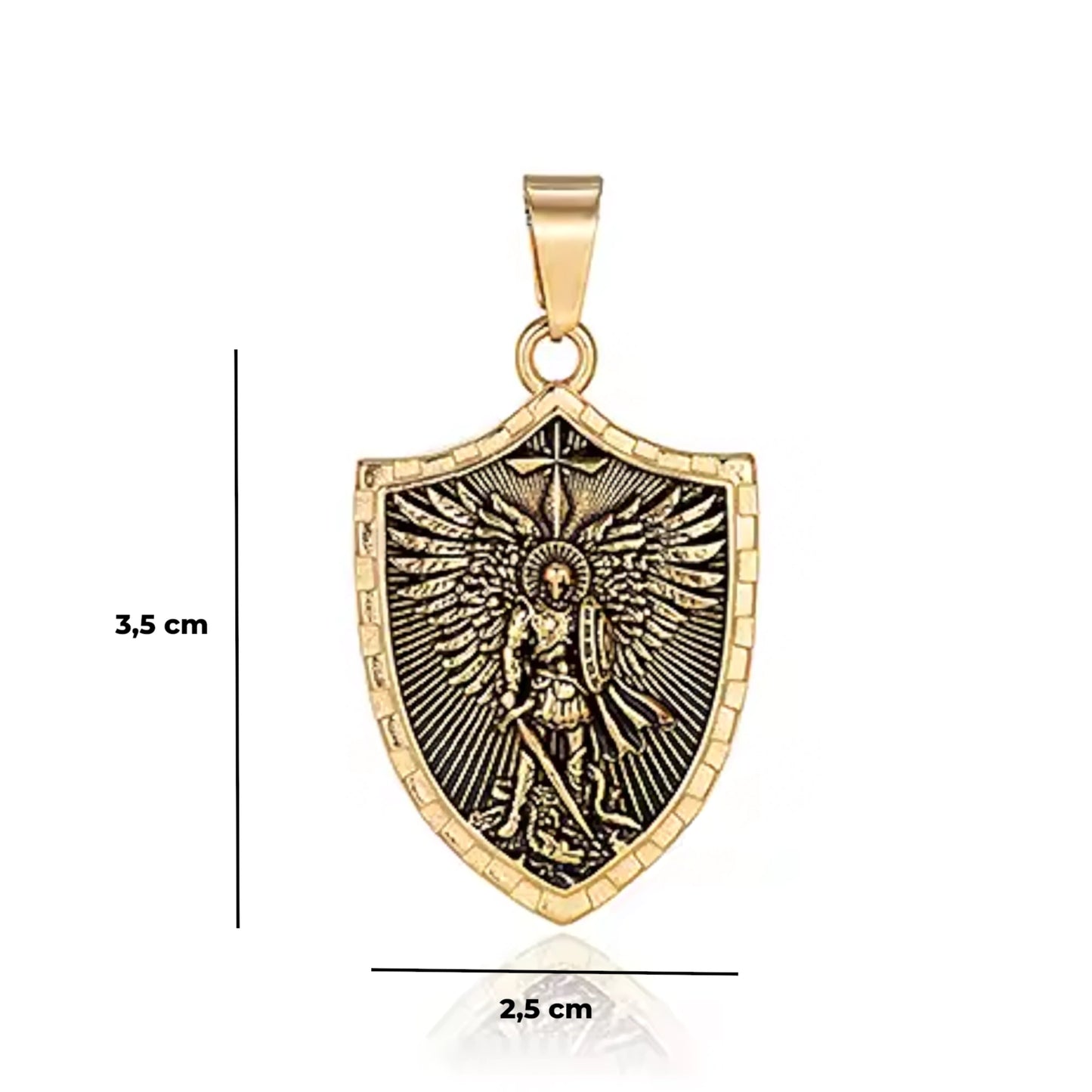 Colgante Escudo San Miguel Arcángel de Acero · Tarjeta con Oración