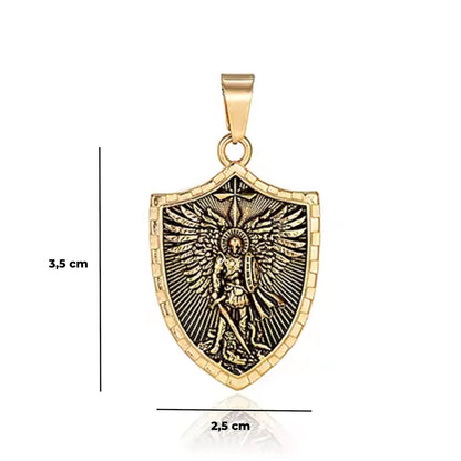 Colgante Escudo San Miguel Arcángel de Acero · Tarjeta con Oración