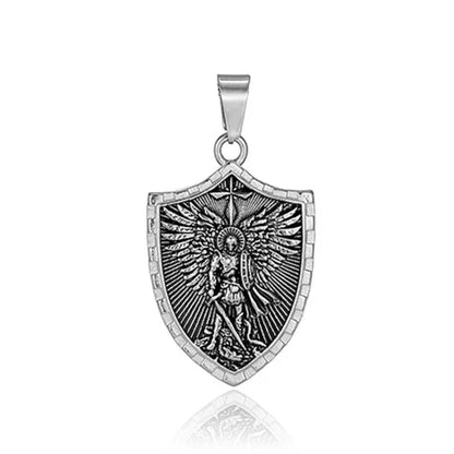 Colgante Escudo San Miguel Arcángel de Acero · Tarjeta con Oración