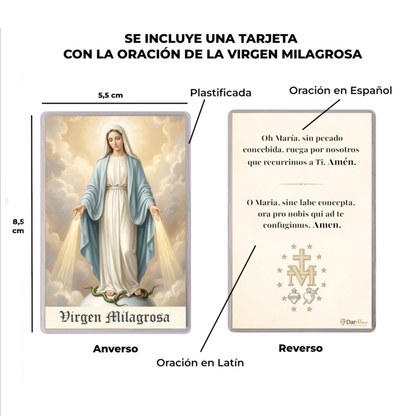 Medalla Virgen Milagrosa de Acero Bañado en Oro 18K · Tarjeta con Oración