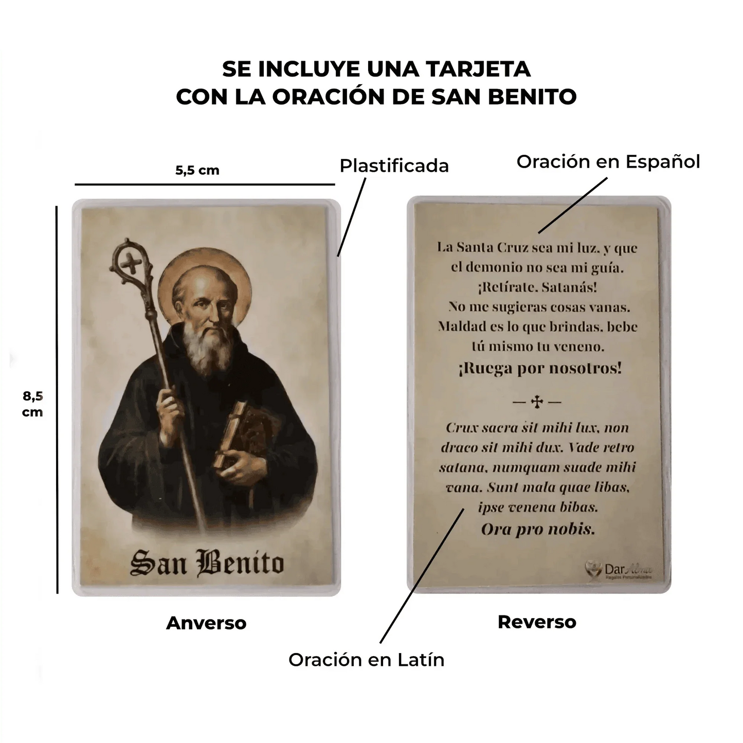Ejemplo de tarjeta con oración personalizada de la pulsera San Benito