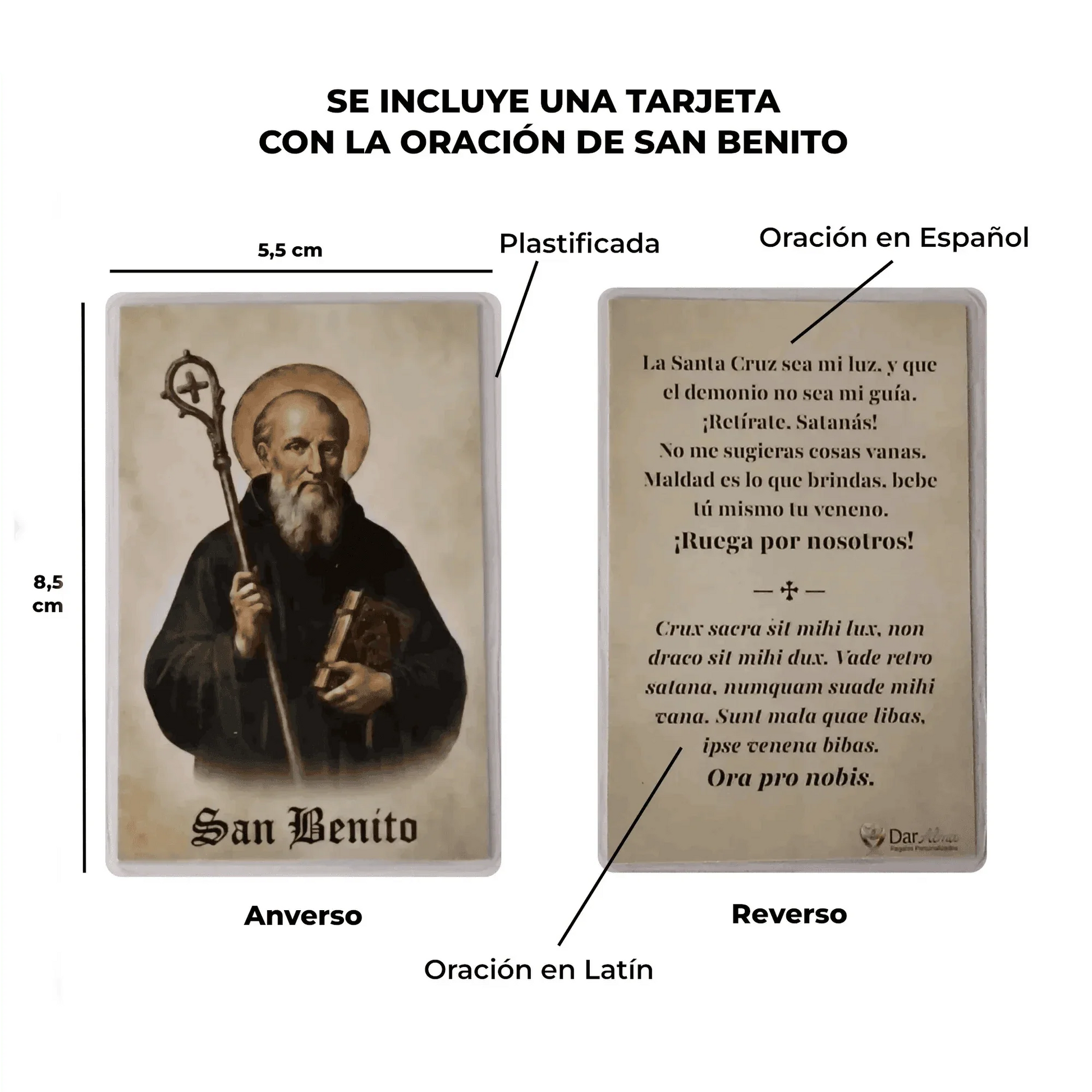 Ejemplo de tarjeta con oración personalizada de la pulsera San Benito