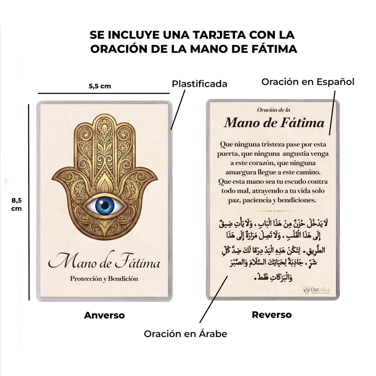 Colgante Mano de Fátima con Ojo Turco Dorado · Tarjeta con Oración