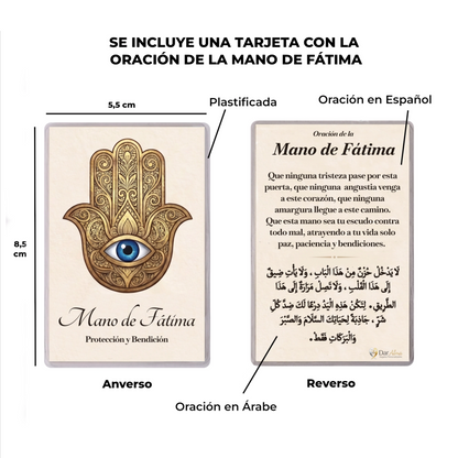 Colgante Mano de Fátima con Ojo Turco Dorado · Tarjeta con Oración