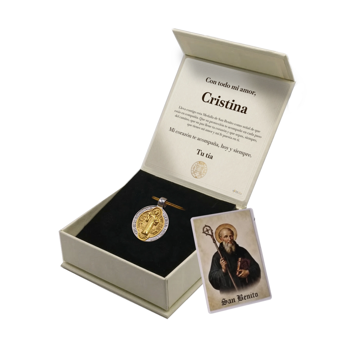 Llavero San Benito de Acero · Tarjeta con Oración