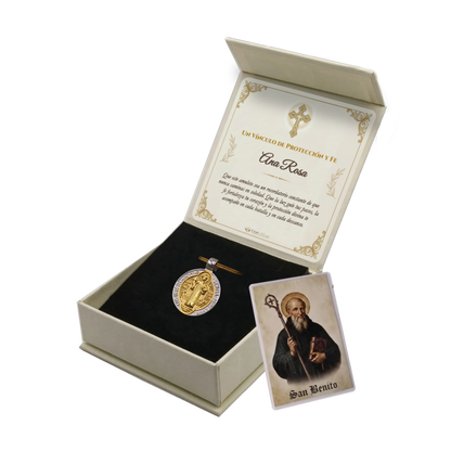 Llavero San Benito de Acero · Tarjeta con Oración
