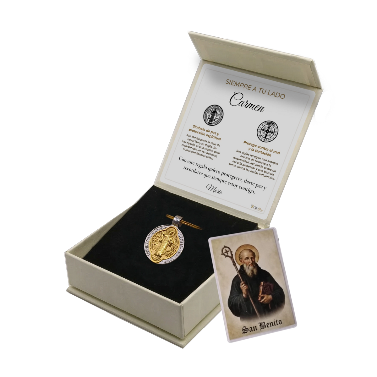 Llavero San Benito de Acero · Tarjeta con Oración
